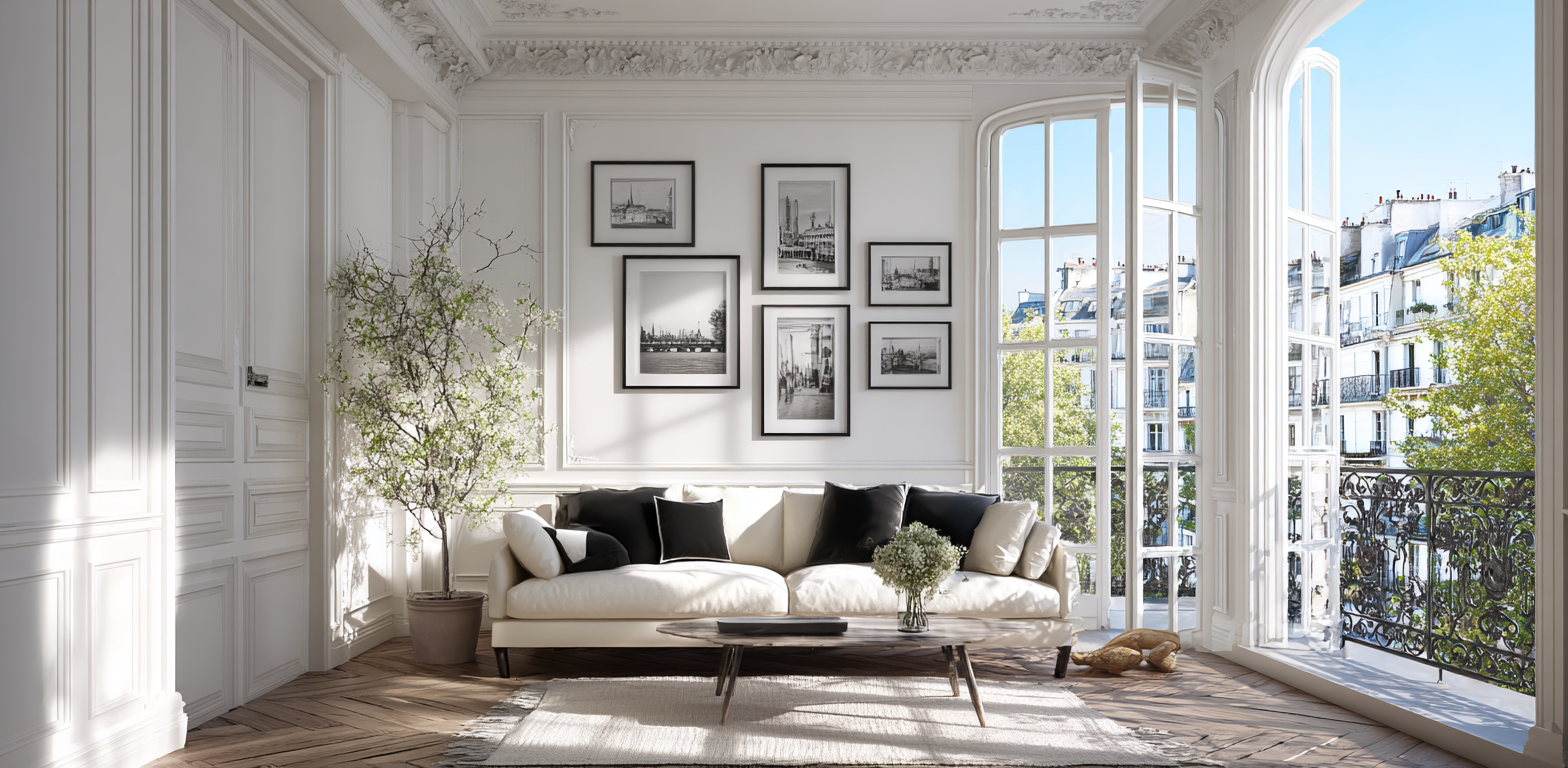 Salon appartement parisien lumineux avec grande fenêtre vue Paris - AppartParis